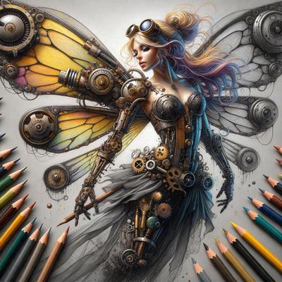 The primary subject of the image is a woman dressed in a mechanical outfit, with a mix of human and mechanical elements. She is wearing a dress and holding a pencil, which adds a touch of whimsy to the scene. The setting is a drawing or illustration, with the woman as the main focus. The visual style is a combination of digital art and illustration, creating a unique and imaginative scene. The colors and mood of the image are predominantly dark and moody, with the mechanical elements